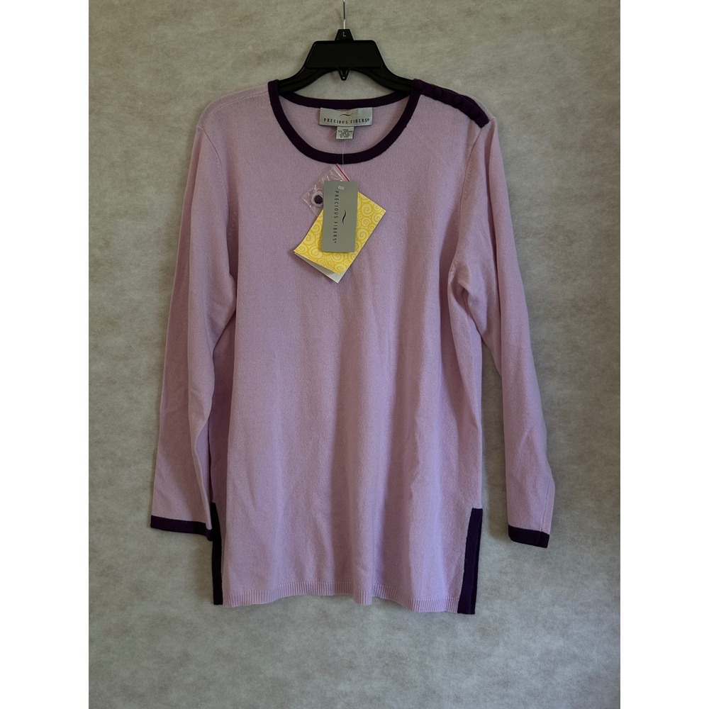 Precious Fibers Pink Cashmere Sweater Purple Trim Button Shoulder Womens Large